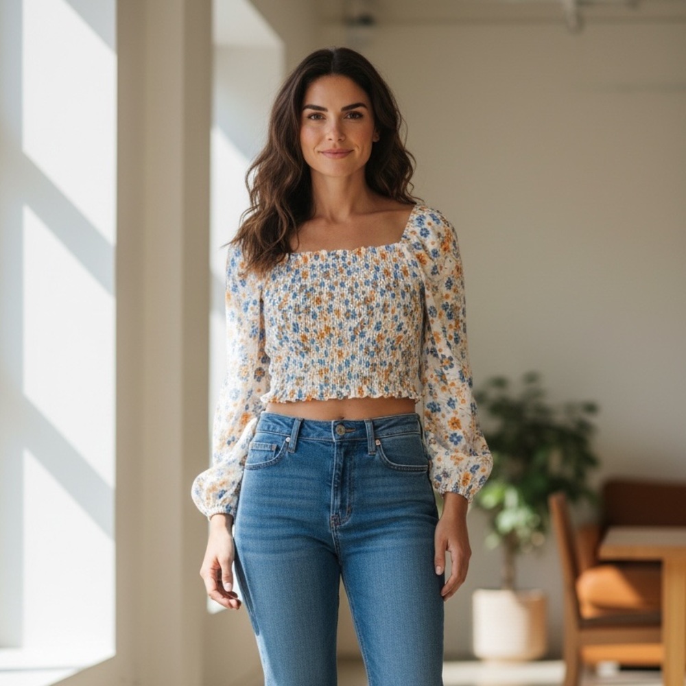 Love Tree Floral Smocked Crop Top Blue Orange Cottagecore Small